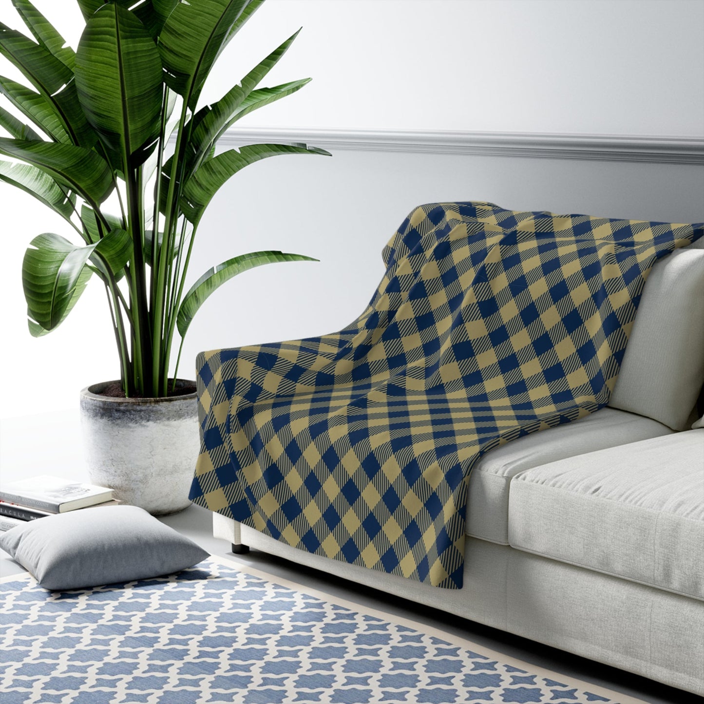 Sherpa Fleece Blanket | Blue & Gold | Gingham