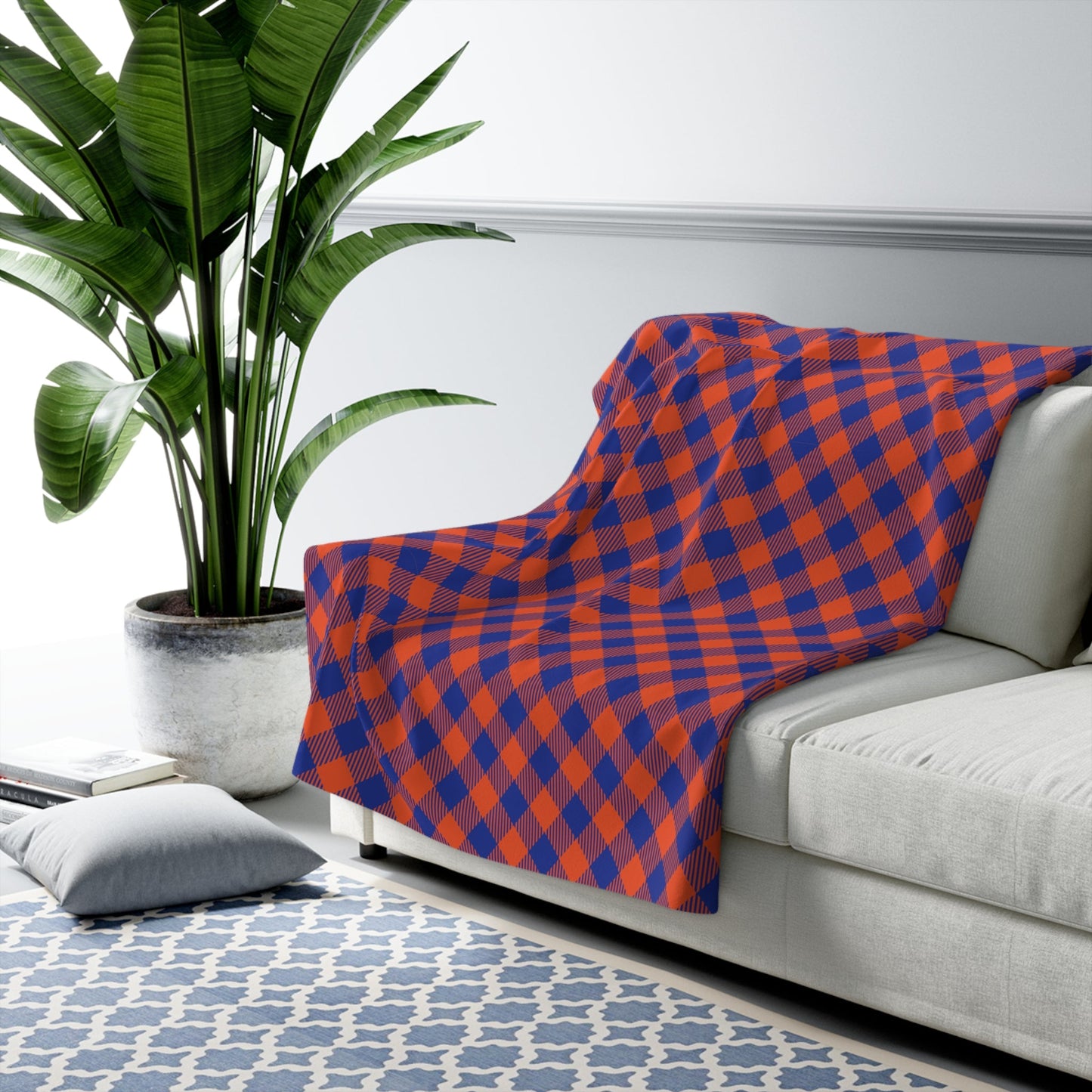 Sherpa Fleece Blanket | Bright Blue & Orange | Gingham