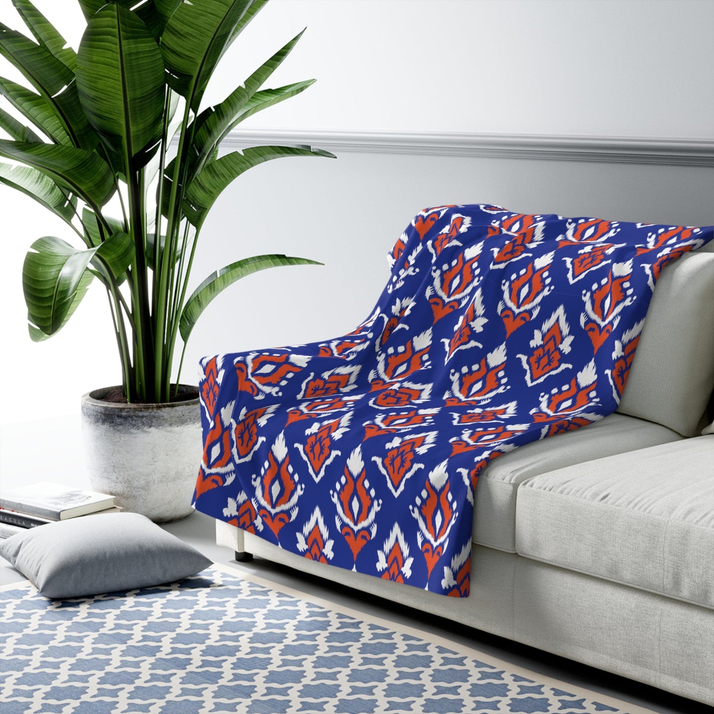 Sherpa Fleece Blanket | Bright Blue & Orange | Ikat
