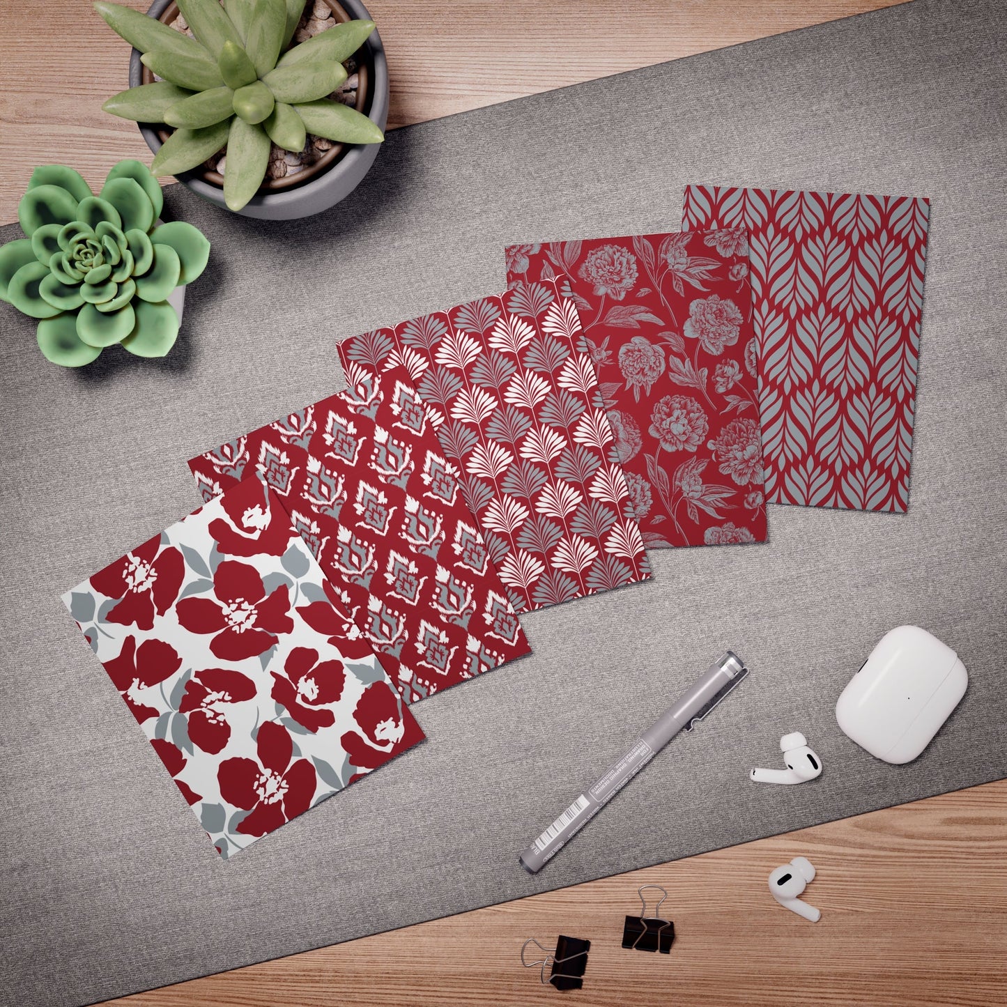 5 Notecards | Red & Gray