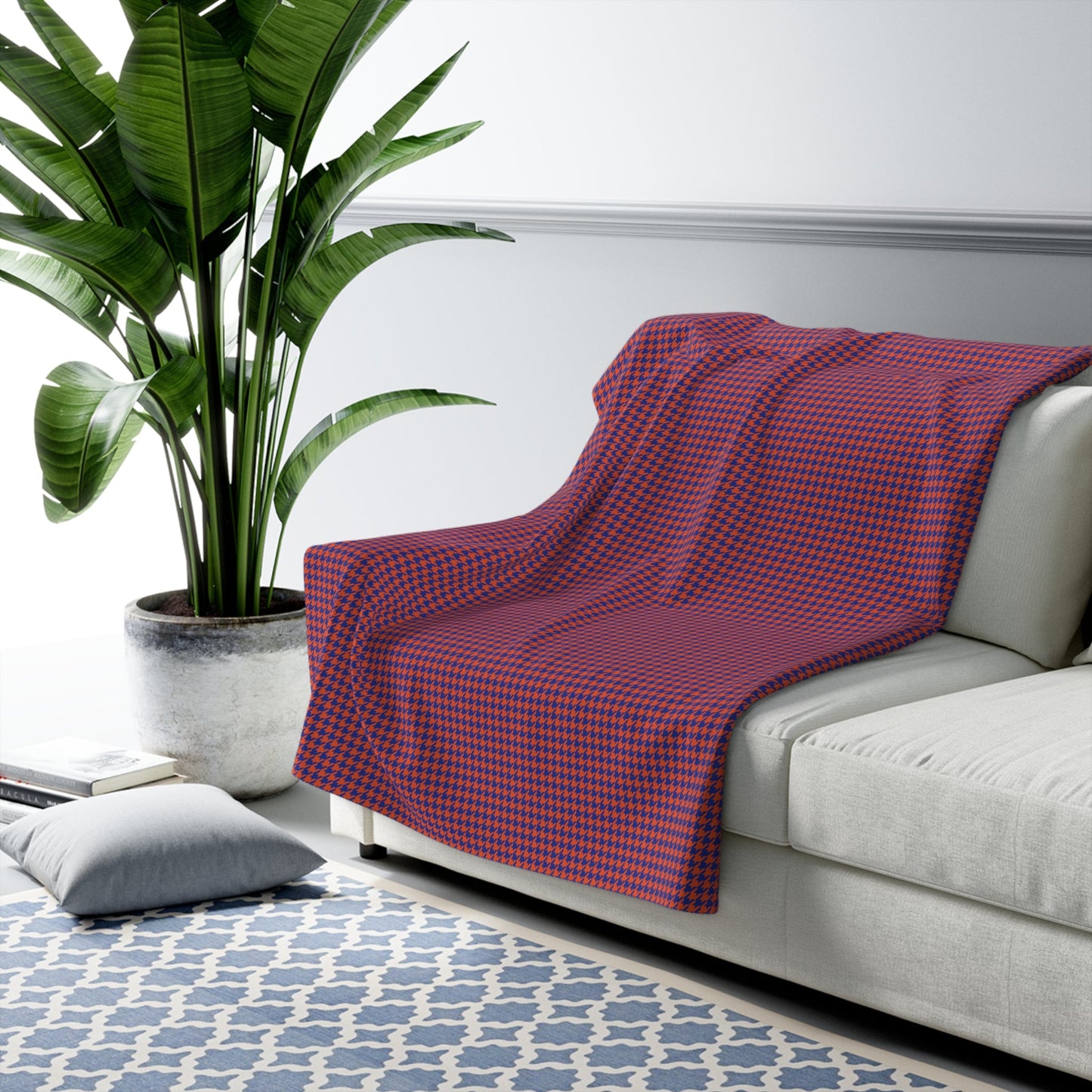 Sherpa Fleece Blanket | Bright Blue & Orange | Houndstooth