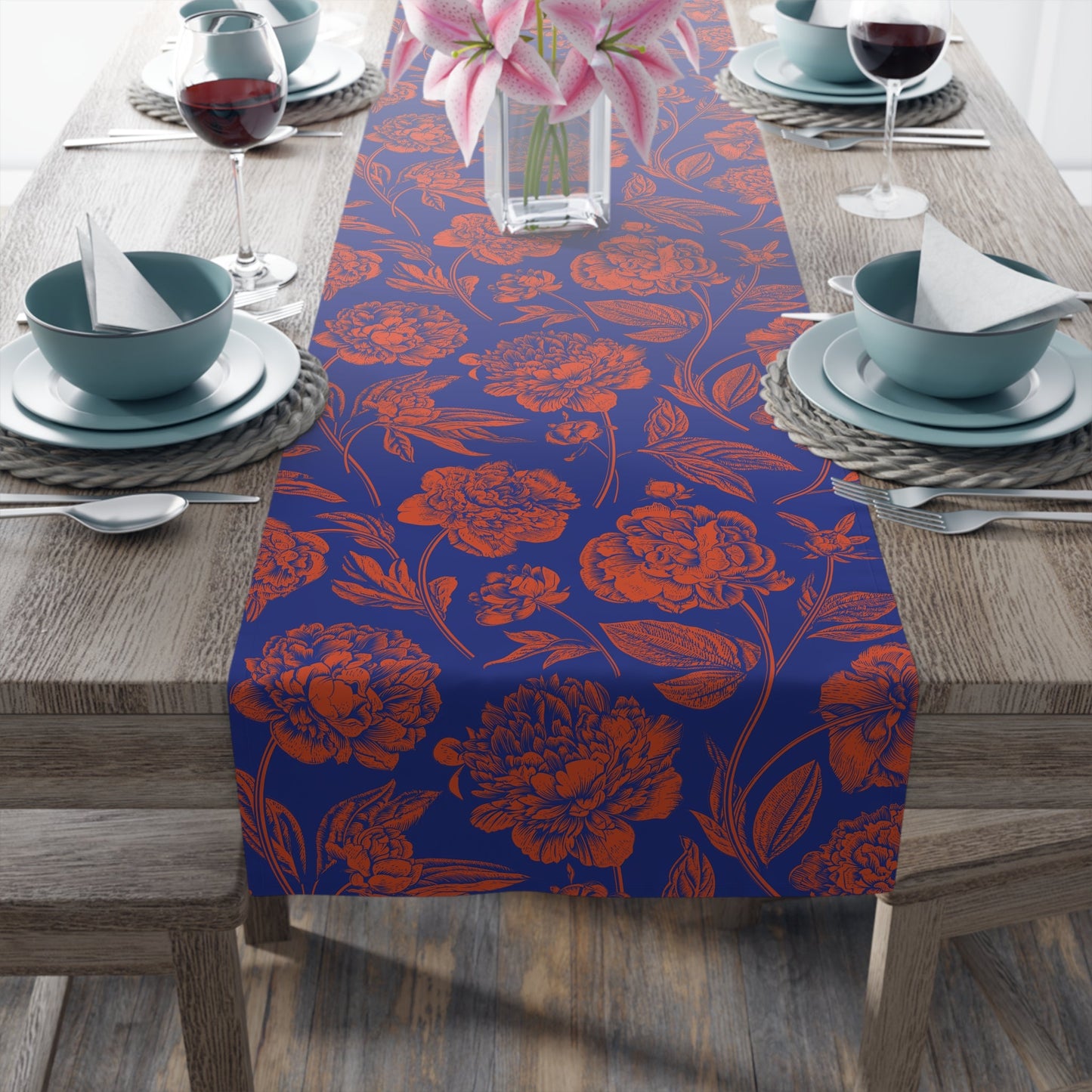 Table Runner | Bright Blue & Orange | Peony