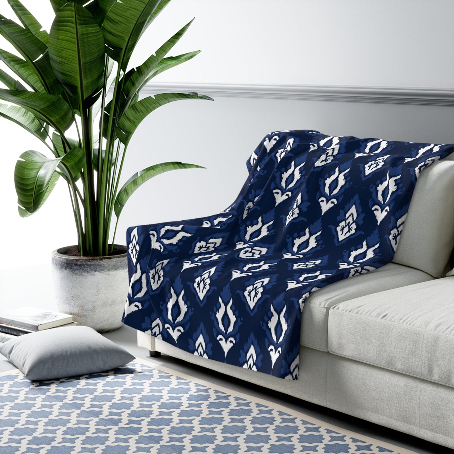 Sherpa Fleece Blanket | Navy & White | Ikat