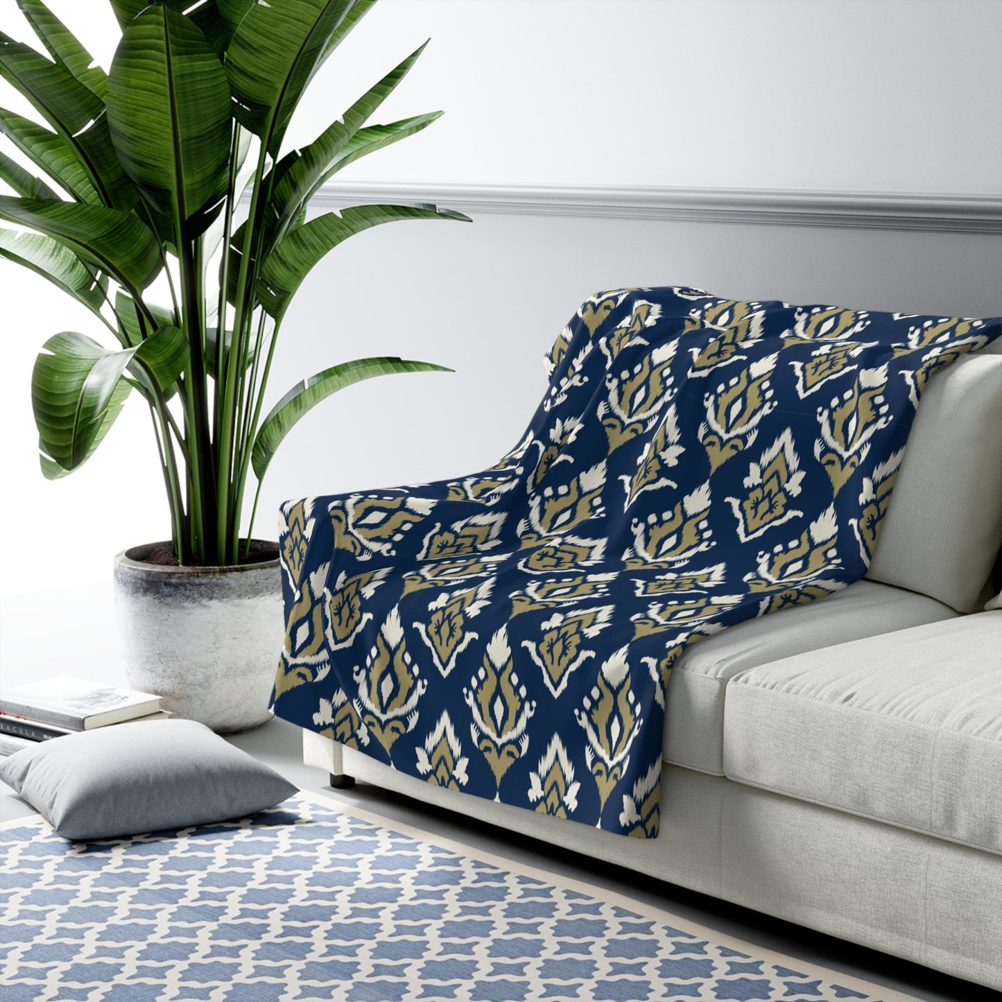 Sherpa Fleece Blanket | Blue & Gold | Ikat