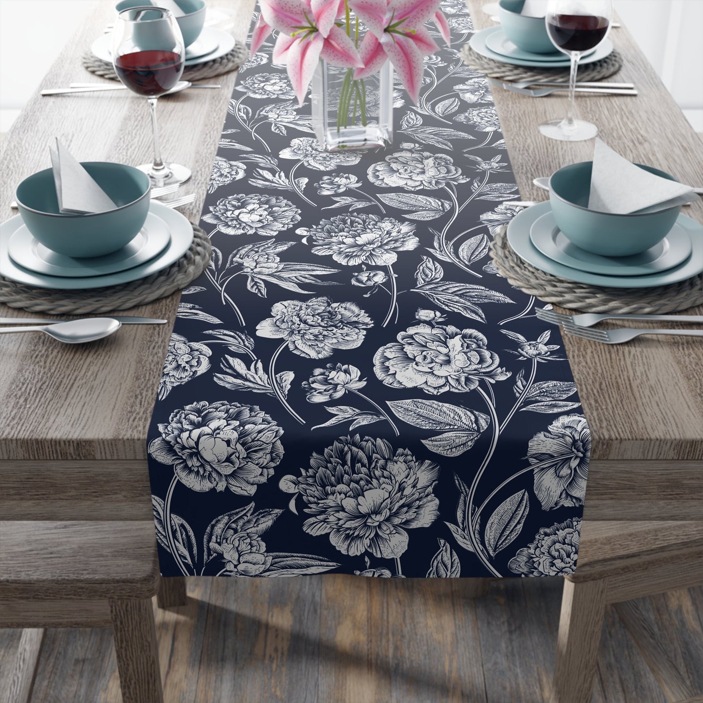 Table Runner | Navy & White | Peony