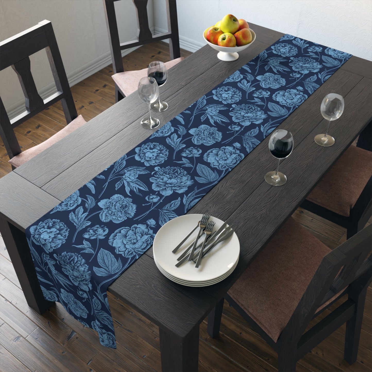 Table Runner | Light Blue & White | Peony