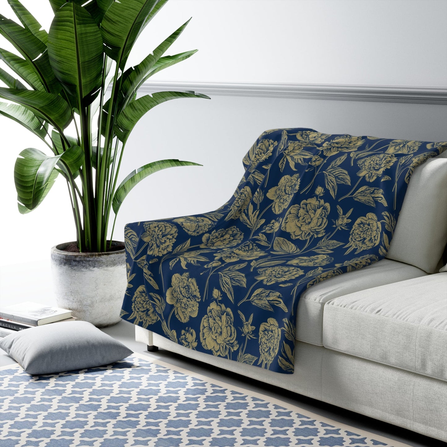 Sherpa Fleece Blanket | Blue & Gold | Peony