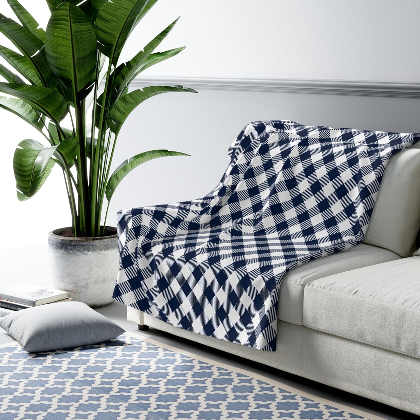 Sherpa Fleece Blanket | Navy & White | Gingham