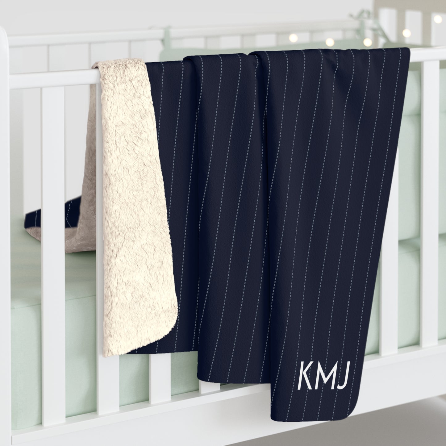 Sherpa Fleece Blanket- Personalized | Navy & White | Pinstripe