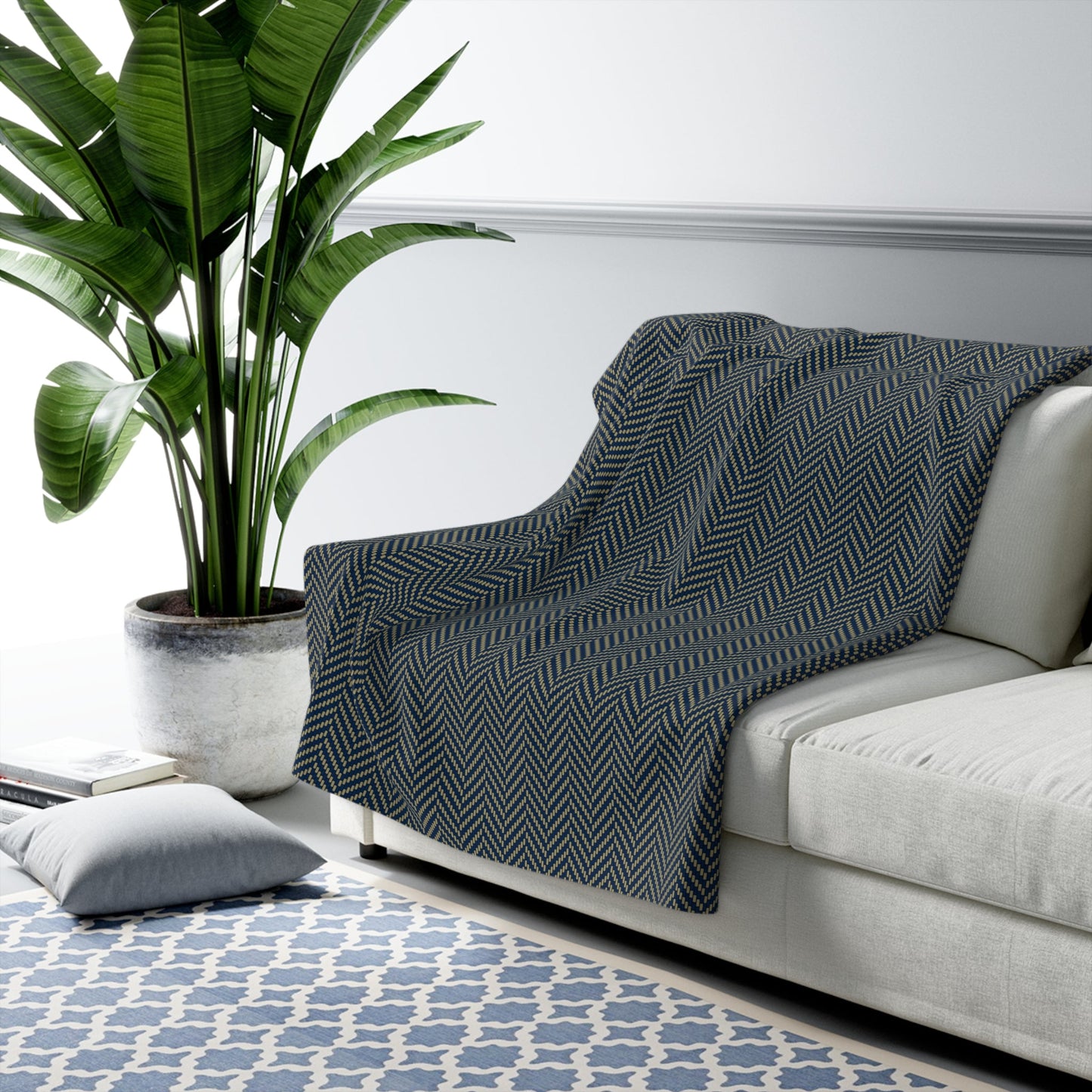 Sherpa Blanket | Blue & Gold | Herringbone
