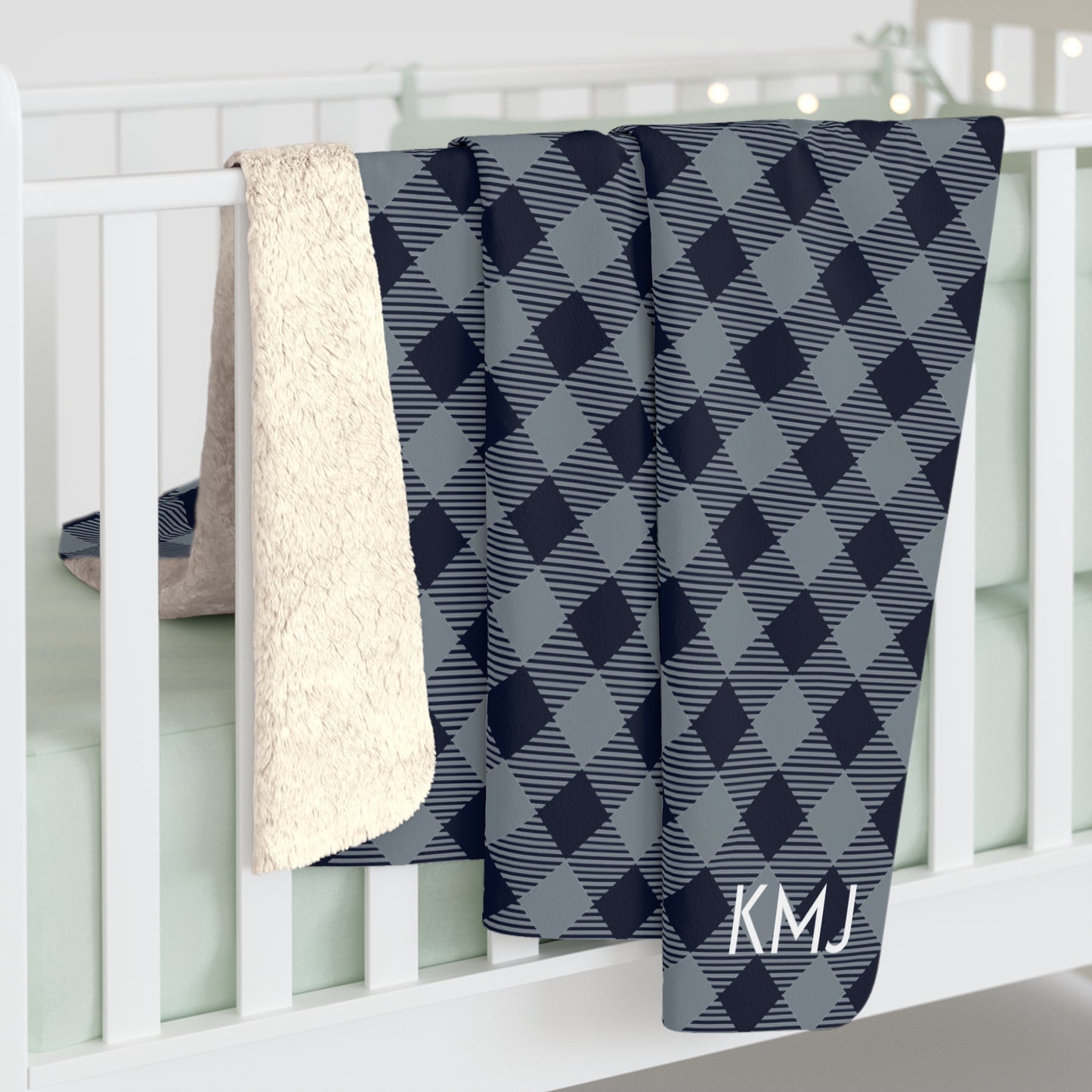 Sherpa Fleece Blanket- Personalized | Navy & White | Gingham
