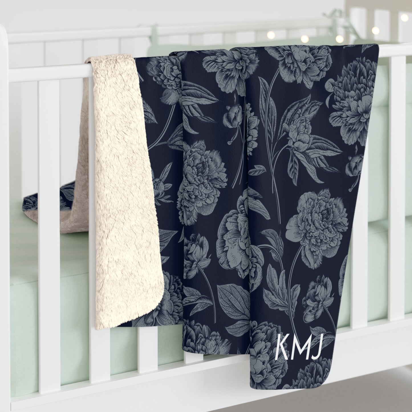 Sherpa Fleece Blanket- Personalized | Navy & White | Peony