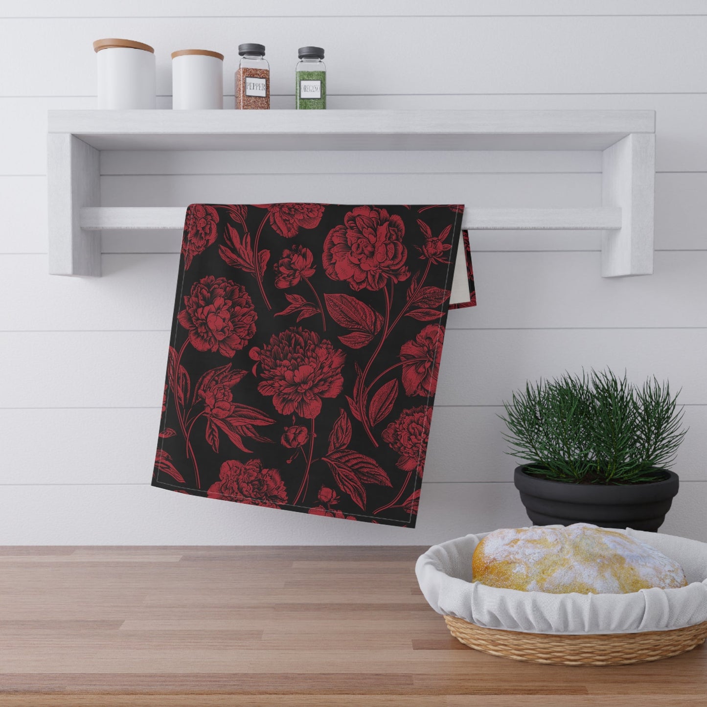 Tea Towel | Red & Black | Peony