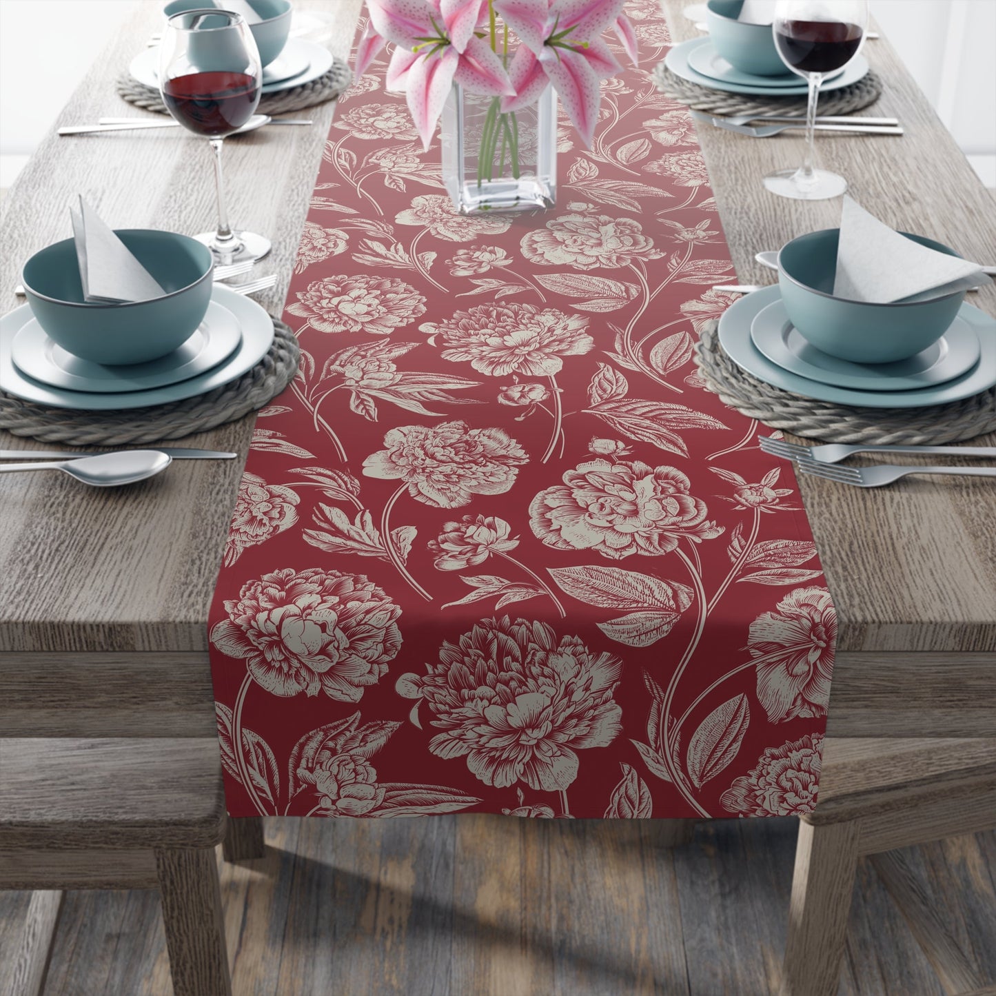 Table Runner | Maroon & White | Peony