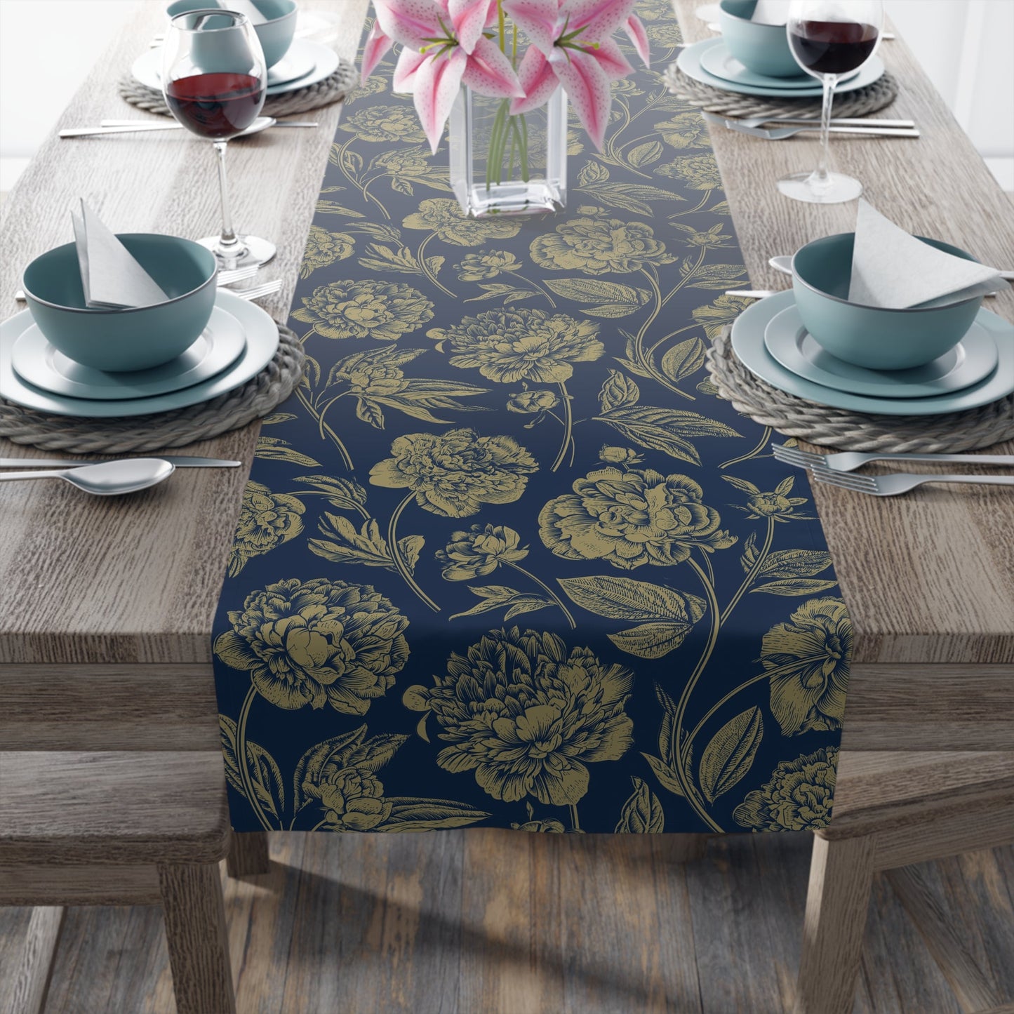 Table Runner | Blue & Gold | Peony