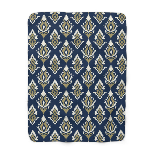 Sherpa Fleece Blanket | Blue & Gold | Ikat