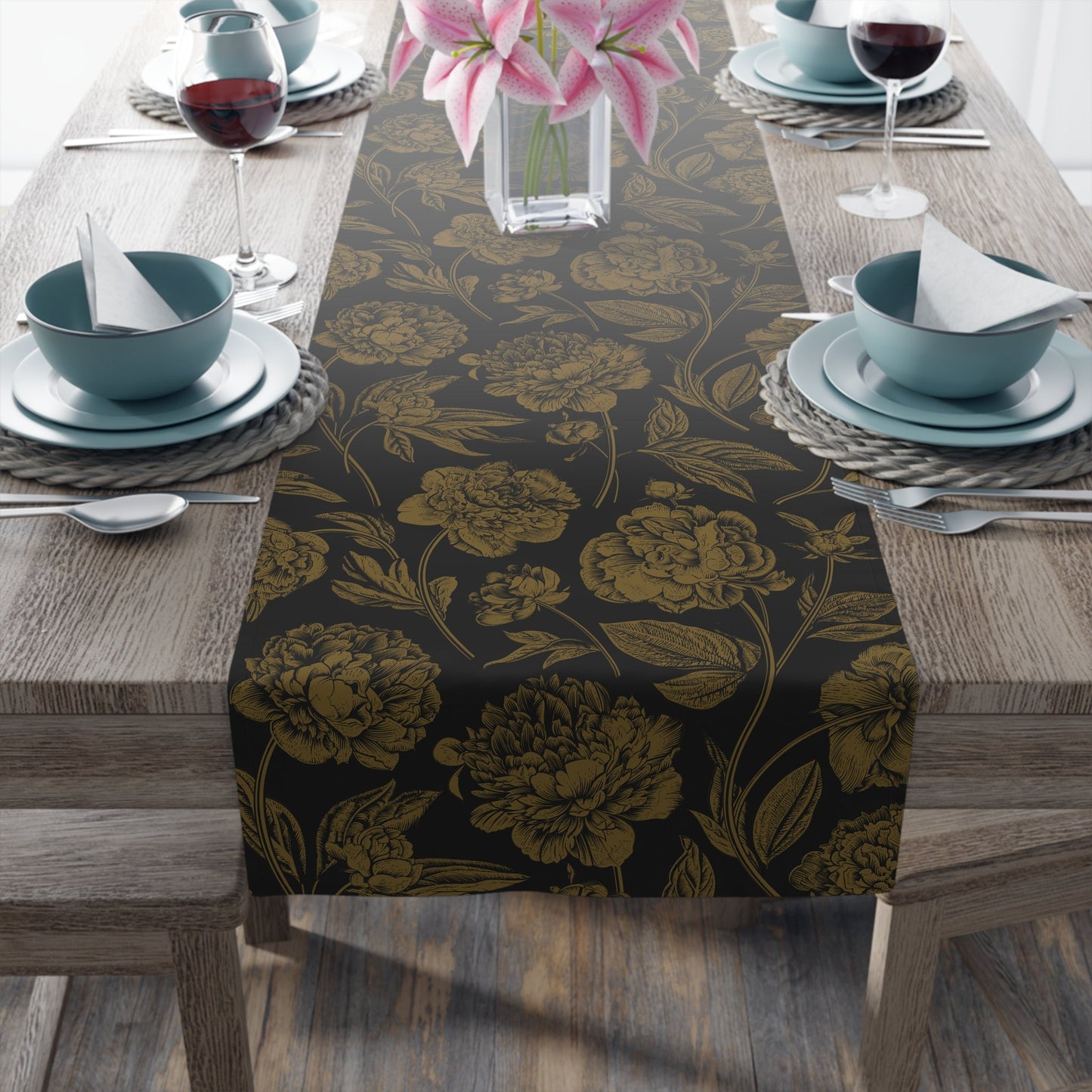 Table Runner | Black & Gold | Peony