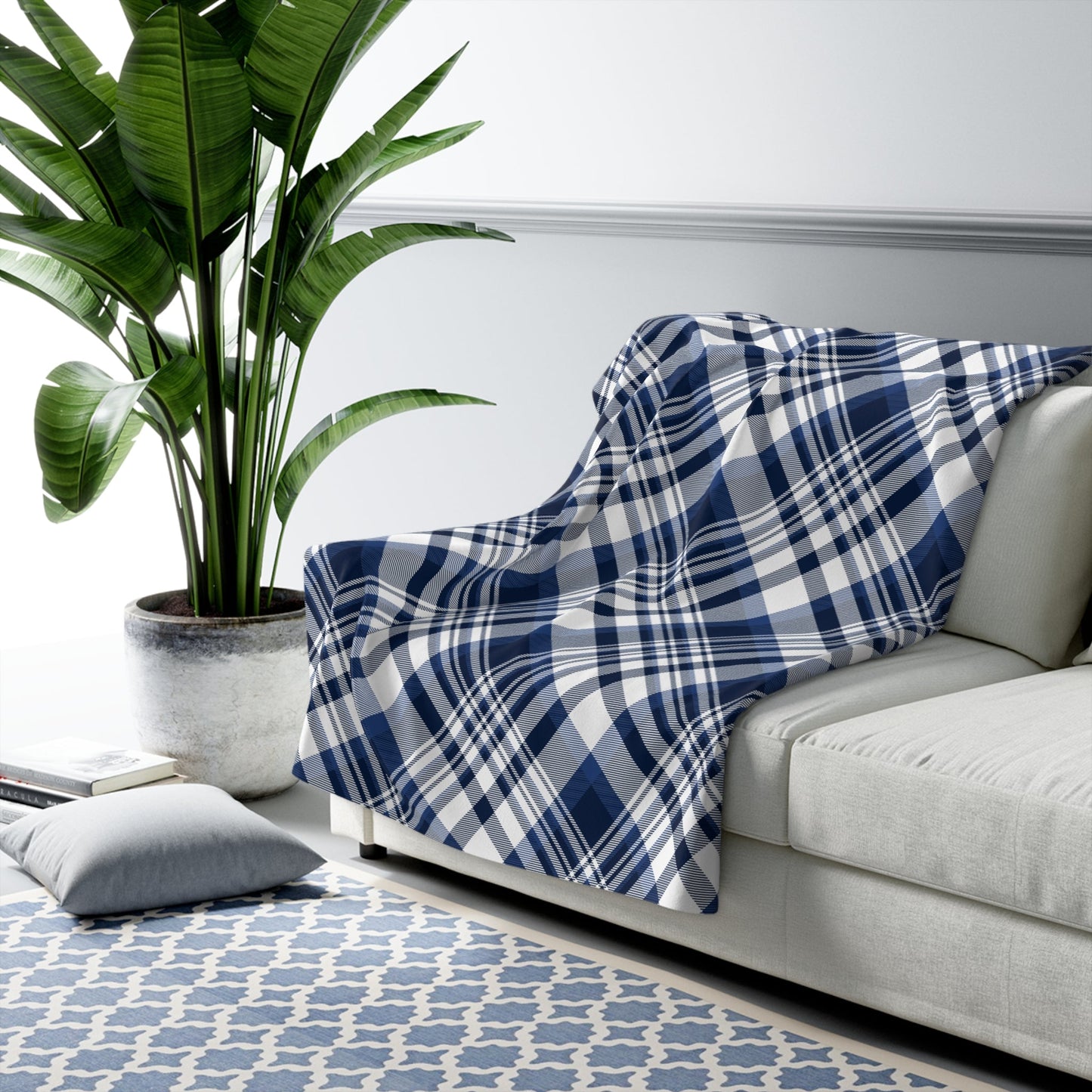 Sherpa Fleece Blanket | Navy & White | Tartan