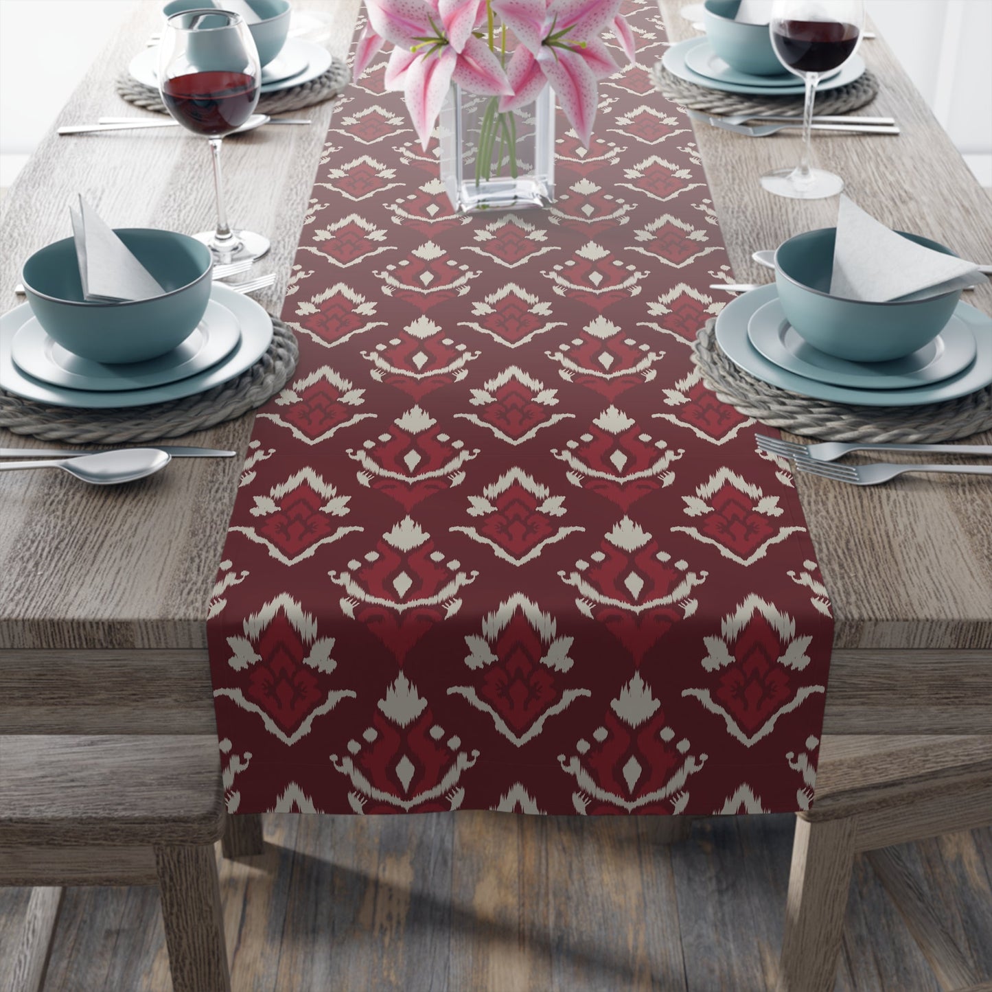 Table Runner | Maroon & White | Ikat