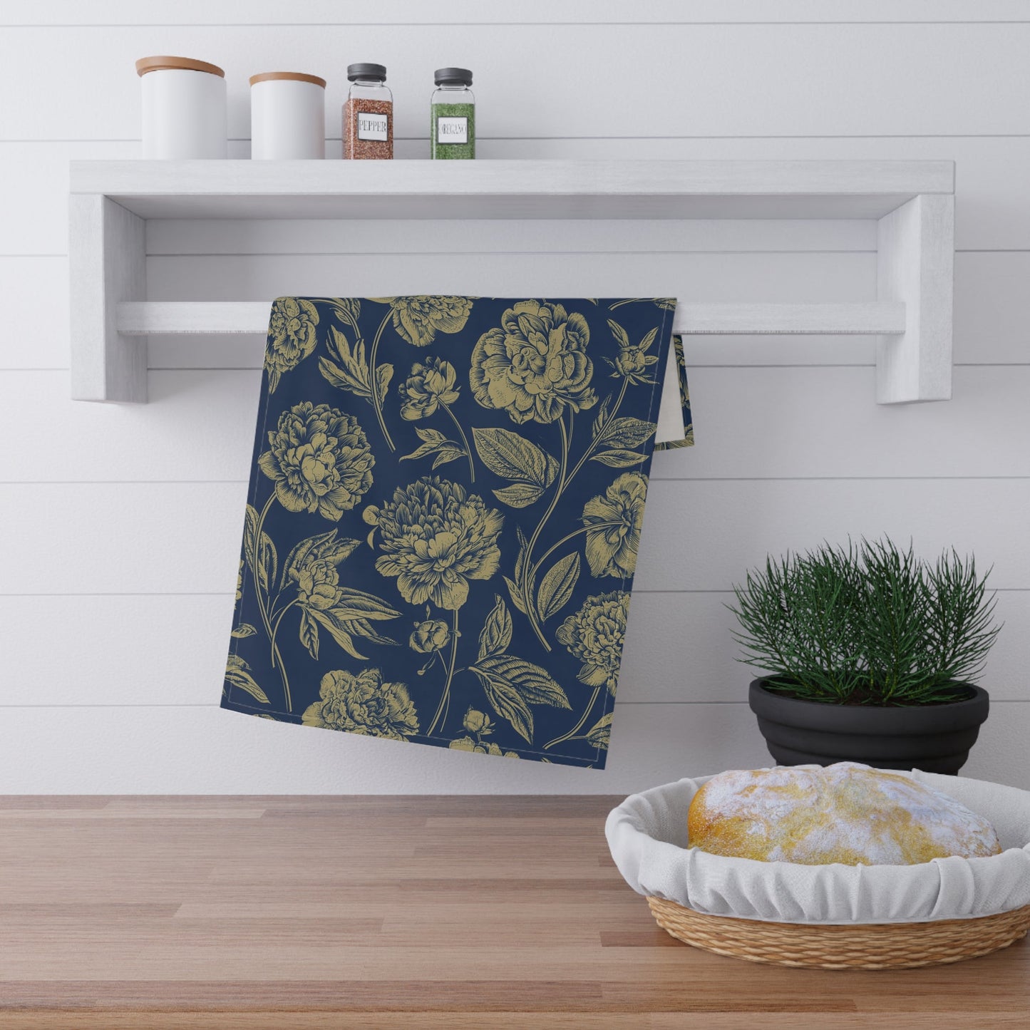 Tea Towel | Blue & Gold | Peony