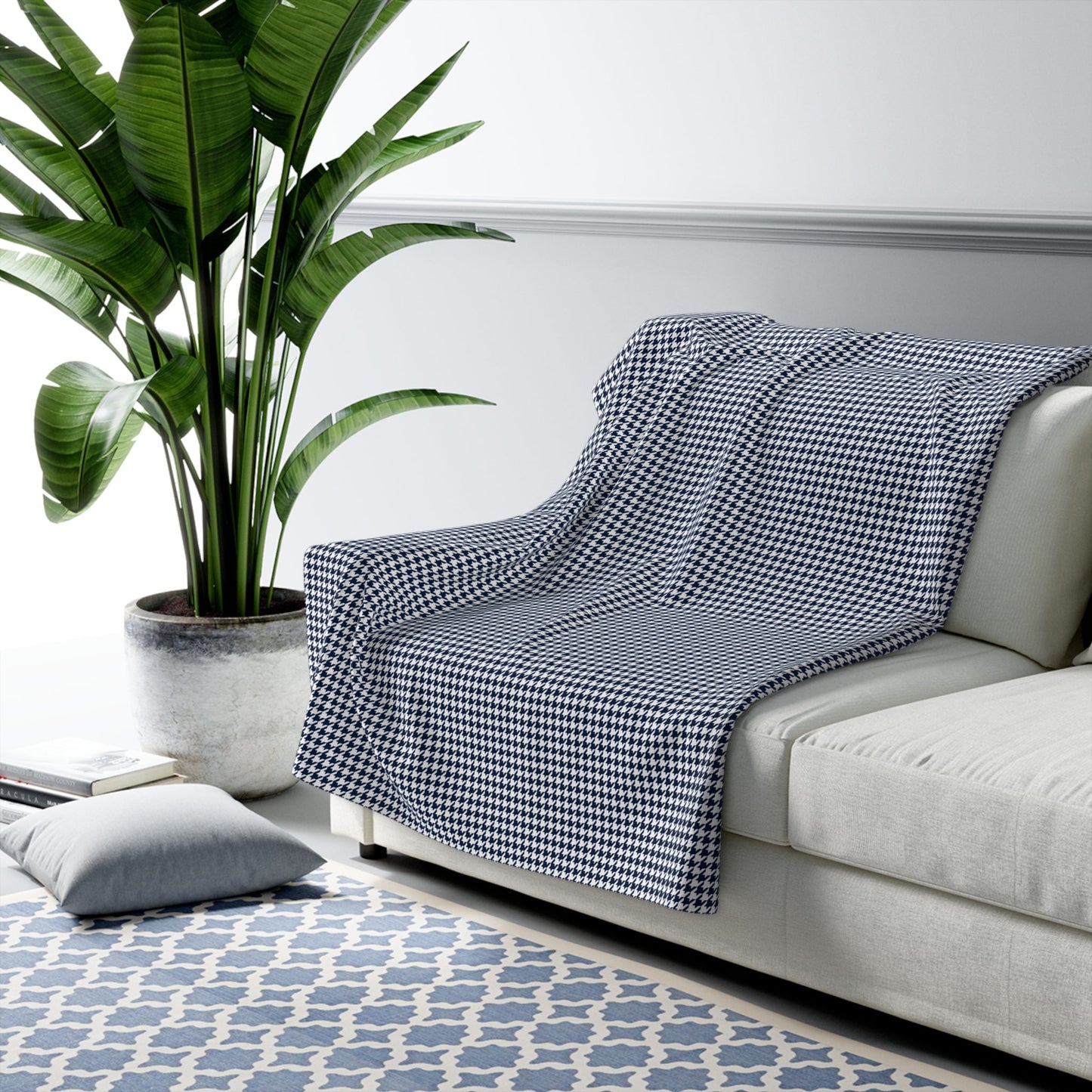 Sherpa Fleece Blanket | Navy & White | Houndstooth